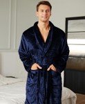 Cozy Men's Plush Shawl Collar Bathrobe, Navy Blue