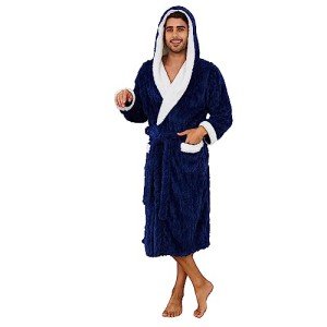 Men's Hooded Plush Fleece Bathrobe - Navy S/M