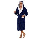 Men's Hooded Plush Fleece Bathrobe - Navy S/M