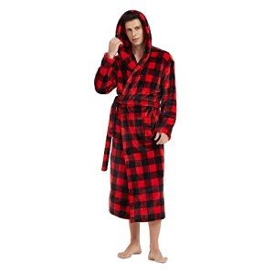 Vulcanodon Men's Fleece Hooded Bathrobe, Plaid Red