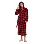Vulcanodon Men's Fleece Hooded Bathrobe, Plaid Red