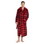Vulcanodon Men's Fleece Hooded Bathrobe, Plaid Red