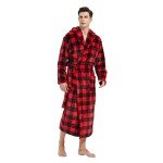 Vulcanodon Men's Fleece Hooded Bathrobe, Plaid Red
