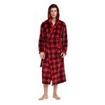 Vulcanodon Men's Fleece Hooded Bathrobe, Plaid Red