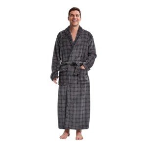 Men’s Plush Fleece Plaid Full-Length Bathrobe