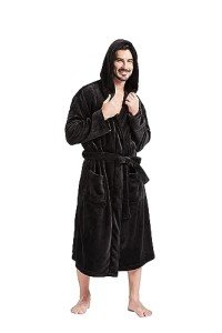 Men's Plush Hooded Kimono Bathrobe, Black 3X-4X