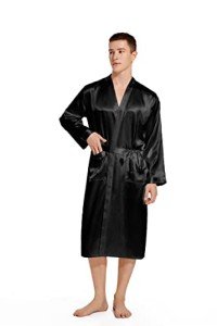 Men's Lightweight V Neck Satin Bathrobe - Black