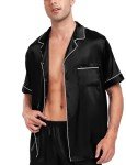 Men's Black Silk Satin Pajama Set with Pockets