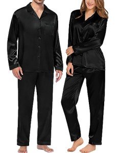 Matching Silk Satin Couples Pajamas Set - Black