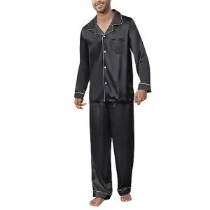 Men's Silk Satin Pajama Set - Black, Large