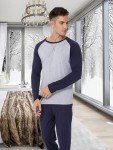 Men's Cotton Pajama Set with Pockets - Navy Blue