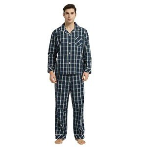 Men's Cotton Button-Down Pajama Set - Dark Blue Plaid