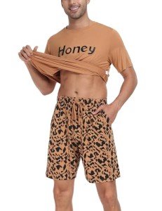 Men’s Soft Short Sleeve Pajama Set – Coffee & Leopard