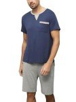 Men's Comfy Summer Cotton Pajama Set, Deep Blue/Grey