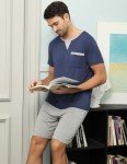 Men's Comfy Summer Cotton Pajama Set, Deep Blue/Grey