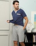 Men's Comfy Summer Cotton Pajama Set, Deep Blue/Grey