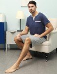 Men's Comfy Summer Cotton Pajama Set, Deep Blue/Grey