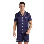 YUSHOW Men's Navy Blue Satin Pajama Set