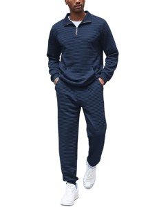 COOFANDY Men's Navy Blue Quarter Zip Tracksuit Set