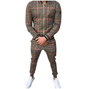 Men's Plaid Tracksuit Set - Coffee, Medium