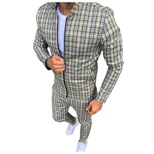 Men's Casual Plaid Full Zip Sweatsuit Set