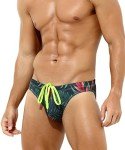 Men's Green Printed Swim Briefs with Drawstring