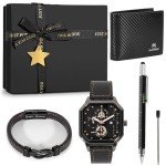 Men's Leather Quartz Watch & Accessories Gift Set
