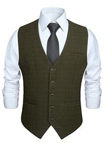 HISDERN Men's Olive Green Slim Fit Suit Vest