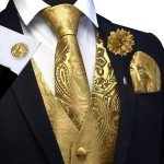 GUSLESON Men's Gold V-Neck Suit Vest Set