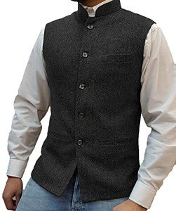 Men's Slim Fit Black Herringbone Wool Waistcoat