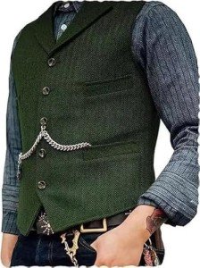 DREFEEL Men's Green Wool Tweed Suit Vest