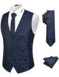 COOFANDY Men's Navy Paisley Vest Tie Set