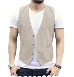 Men's Casual Beige Linen Vest Suit - X-Small