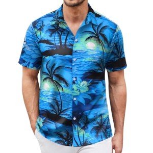 Men's Blue Hawaiian Button-Up Summer Shirt