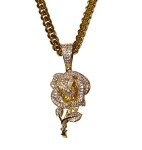 Shop-iGold Men Women 925 Italy Gold Finish Iced Silver Rose Charm Ice Out Pendant Stainless Steel Real 6mm Miami Cuban Chain Necklace, Mens Jewelry, Iced Pendant, Miami Cuban Necklace, Metal, Cubic Zirconia