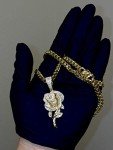 Shop-iGold Men Women 925 Italy Gold Finish Iced Silver Rose Charm Ice Out Pendant Stainless Steel Real 6mm Miami Cuban Chain Necklace, Mens Jewelry, Iced Pendant, Miami Cuban Necklace, Metal, Cubic Zirconia