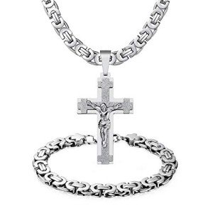 Men's Stainless Steel Gold & Silver Cross Jewelry Set