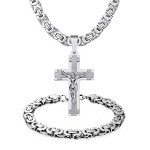 Men's Stainless Steel Gold & Silver Cross Jewelry Set