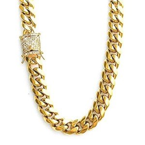 Miami Cuban Link Chain 1ct Diamond Clasp 14K Gold Plated Stainless Steel 10 mm - Men's Jewelry, Mens Necklace, Cuban Chains, Thick Necklace, Chains for Men, Miami Cuban Chains, Gold Finish, Cubic Zirconia,