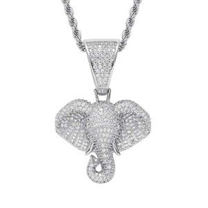 KMASAL Iced Out Elephant Gold Silver Color Copper Pendant Hip Hop Necklace 18K Gold Plated Bling CZ Micropave Simulated Diamond for Men Women Charm Jewelry with Stainless Steel Rope Chain (Silver)