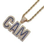 LC8 Jewelry Men Bubble Letter CAM Pendant Hip Hop Iced Out Bling Micro-Pave Diamond CZ Crystal Zirconia Necklace 18K Gold Plated with 24” Rope Chain (Gold, 20)