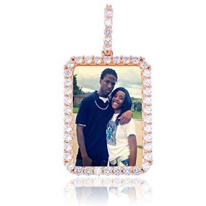 MoCa Jewelry Personalized Custom Photo Medallions Necklace & Pendant 18K Gold Silver Cubic Zircon Hip hop Jewelry Dog Tag Necklace for Men Women (Rectangle Rose Gold)