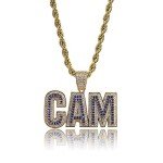 LC8 Jewelry Men Bubble Letter CAM Pendant Hip Hop Iced Out Bling Micro-Pave Diamond CZ Crystal Zirconia Necklace 18K Gold Plated with 24” Rope Chain (Gold, 20)