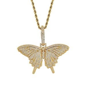 Gold Plated CZ Iced Out Lab Diamond 3D Butterfly Chain Necklace Bling Hip Hop Party Jewelry for Men Women(Gold with 24inch Twist Chain)