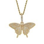 Gold Plated CZ Iced Out Lab Diamond 3D Butterfly Chain Necklace Bling Hip Hop Party Jewelry for Men Women(Gold with 24inch Twist Chain)