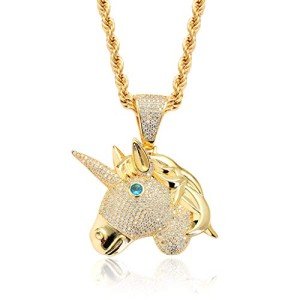 LC8 Jewelry Unisex Exquisite Bubble Unicorn Pendant Hip Hop Iced Out Rhinestone Crystal Necklace 18K Gold Plated with 24” Stainless Rope Chain for Men Women(Gold)