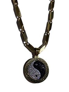Shop-iGold Men Women 925 Italy Gold Finish Iced Ying Yang Ice Out Pendant Stainless Steel Real 4 mm Bullet Chain Necklace 24 Inches, Mens Jewelry, Iced Pendant, Bullet Necklace