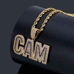 LC8 Jewelry Men Bubble Letter CAM Pendant Hip Hop Iced Out Bling Micro-Pave Diamond CZ Crystal Zirconia Necklace 18K Gold Plated with 24” Rope Chain (Gold, 20)