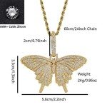 Gold Plated CZ Iced Out Lab Diamond 3D Butterfly Chain Necklace Bling Hip Hop Party Jewelry for Men Women(Gold with 24inch Twist Chain)