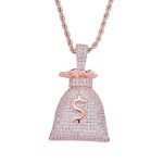Moca Jewelry Iced Out Personality Dollar $ Symbol Money Bag Pendant 18K Gold Plated Bling CZ Simulated Diamond Hip Hop Necklace for Men Women (rose gold)